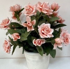 Pink Silk Roses Bouquet In White Art Pottery. Two Dozen Silk Roses & Stems