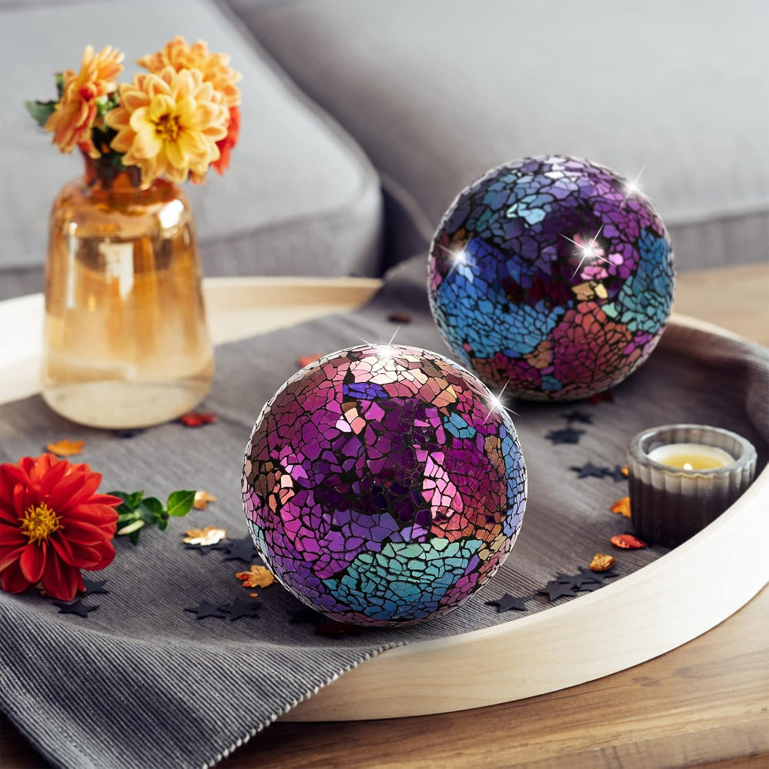 3 Pack Decorative Glass Balls, 4 Inch Colorful Glass Mosaic Orbs Sphere