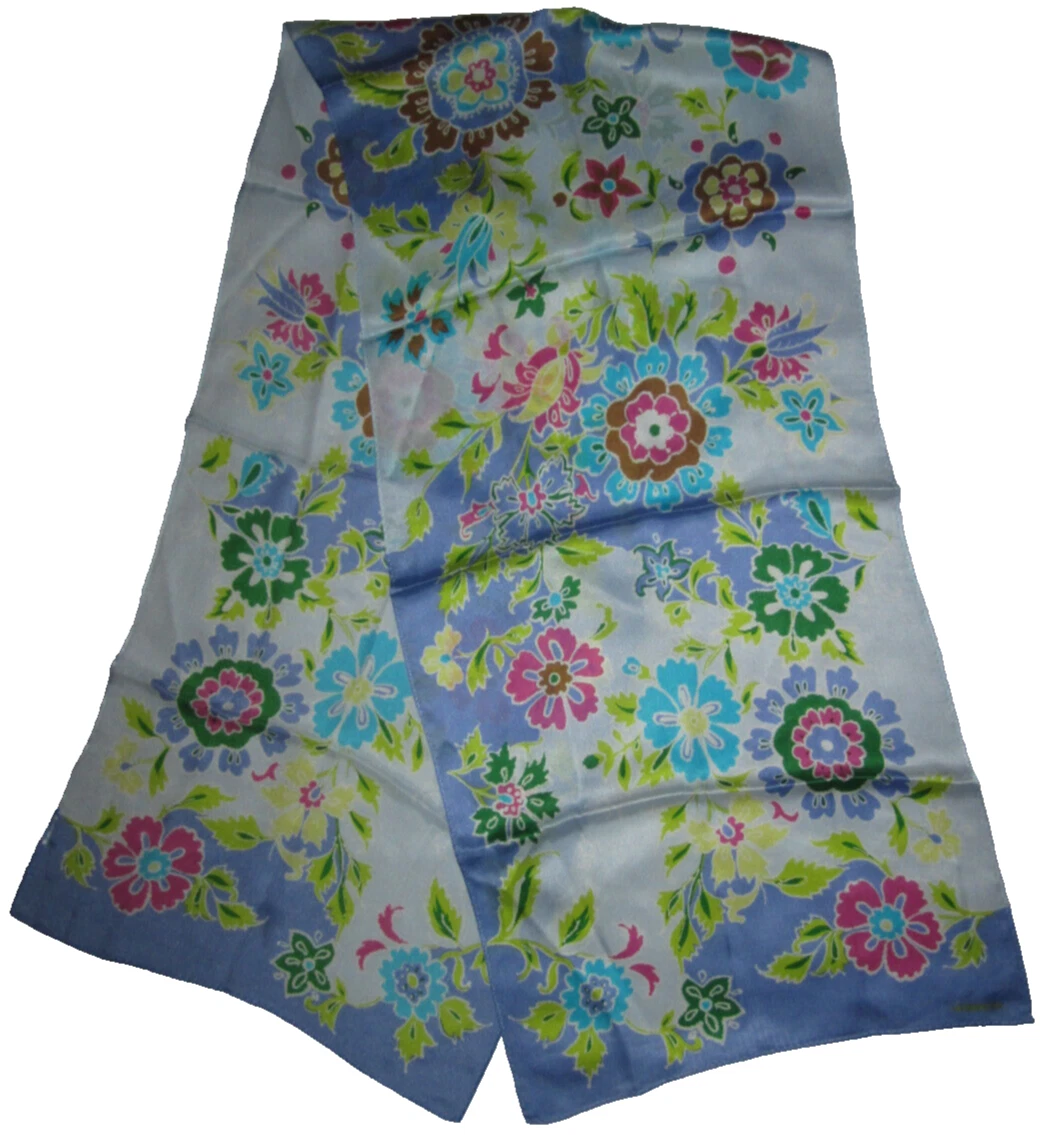 Liz Claiborne long silk scarf, blue with purple, brown, & green flowers