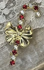 EISENBERG ICE Candy Cane Gold Bow Pin Brooch MCM Christmas Rhinestone VTG