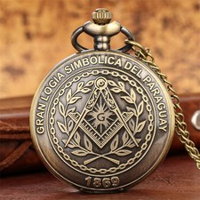 Masonic Freemasonry Pocket Watch Bronze Retro Style Quartz Chain Gift for Men