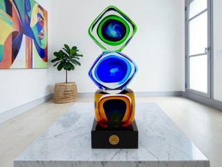 Striking UFO Murano Art Glass Abstract Sommerso Stacked Cubed Freeform Sculpture