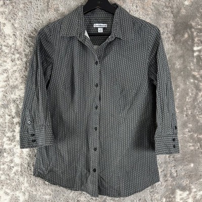 Croft & Barrow Size S Geometric Print Button Up Shirt Black 3/4 Sleeve Womens