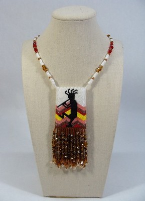 HAND BEADED NECKLACE WITH AMULET POUCH KOKOPELLI SOUTHWESTERN DESIGN GLASS BEADS