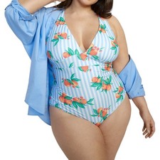 Old Navy Plus Size 3X Swimsuit One Piece Orange Fruit Stripe Blue White Tie 1069