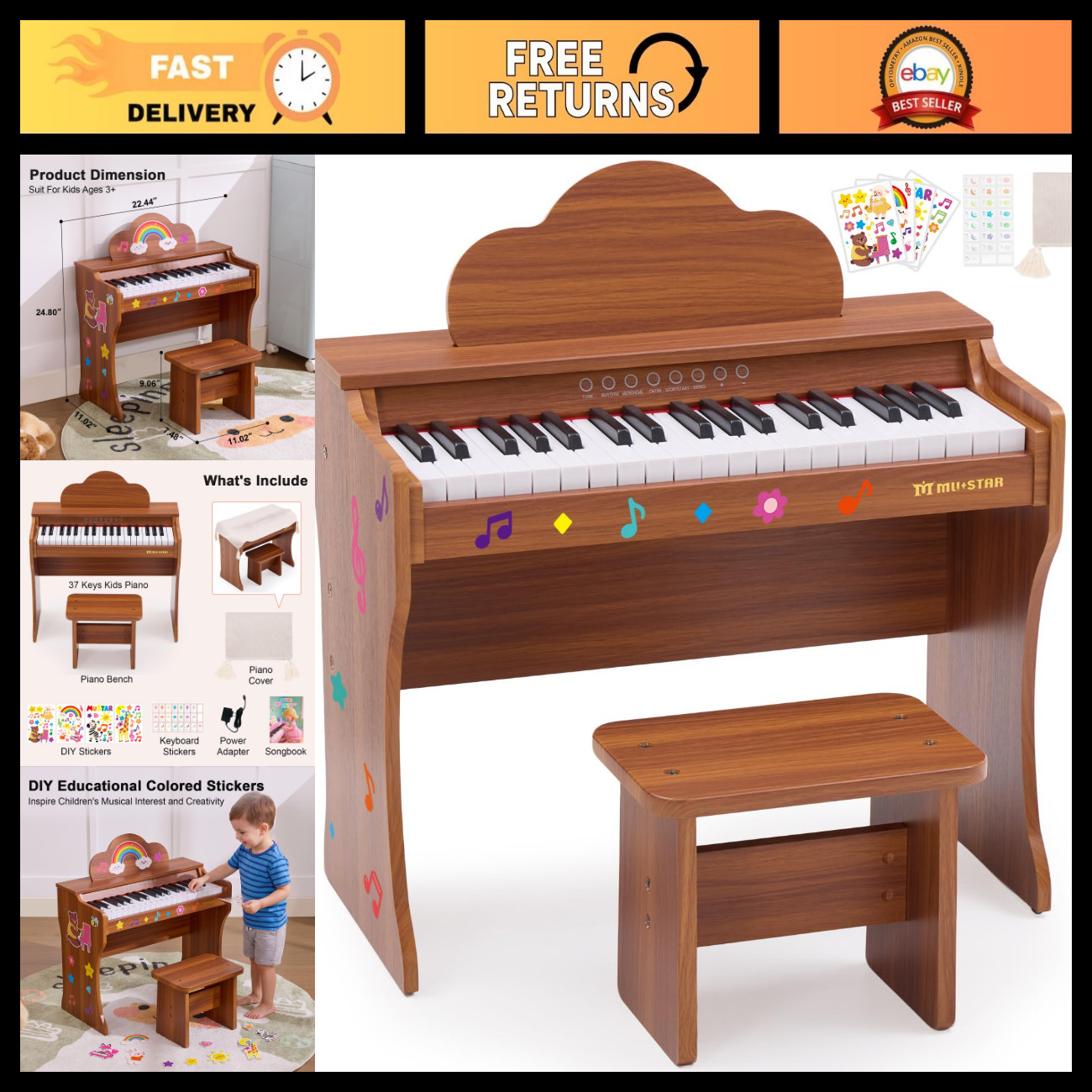 37 Keys Kids Piano Keyboard, Wooden Toy with Stool, Fun Musical Instrument for C