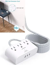 Extension Cord 15 Ft, HANYCONY Ultra Thin Flat Plug Power Strip 15 White 