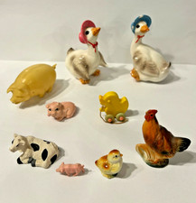 Vintage Farm Animal Figurines 9 piece Lot Cow, Pigs, Poultry Mixed Materials