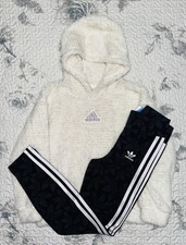 Girls Adidas Cream/Silver Sherpa Hoodie  Black Trefoil Leggings Sz/ Small 7/8 