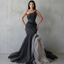 Black OneShoulder Sleeveless Evening Dresses Pleated Fishtail Trailing PromDress