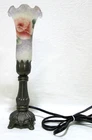 Vintage Frosted Tulip Shape Glass Rose design Brass Base 12" Accent/Night Lamp