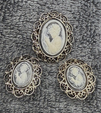 Vintage Cameo Style Brooch Earrings Set Clip Ons