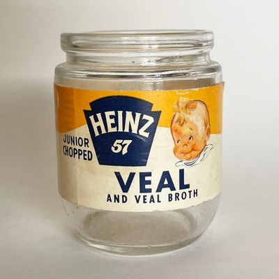 1950s Heinz 57 Veal And Veal Broth Baby Food Jar With Paper Label   Jr. Chopped