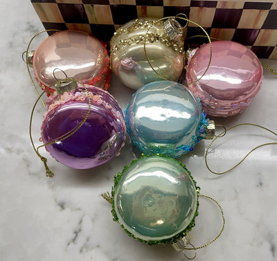 New Set Of 6 Pastel Glass Beaded Macaron Christmas Pastry Candy Ornaments 2.25 