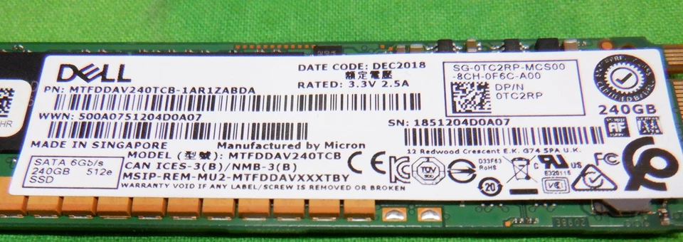 Dell TC2RP 0TC2RP 240GB SATA SSD M.2 6Gbps SSD Micron MTFDDAV240TCB - Image 2 of 3