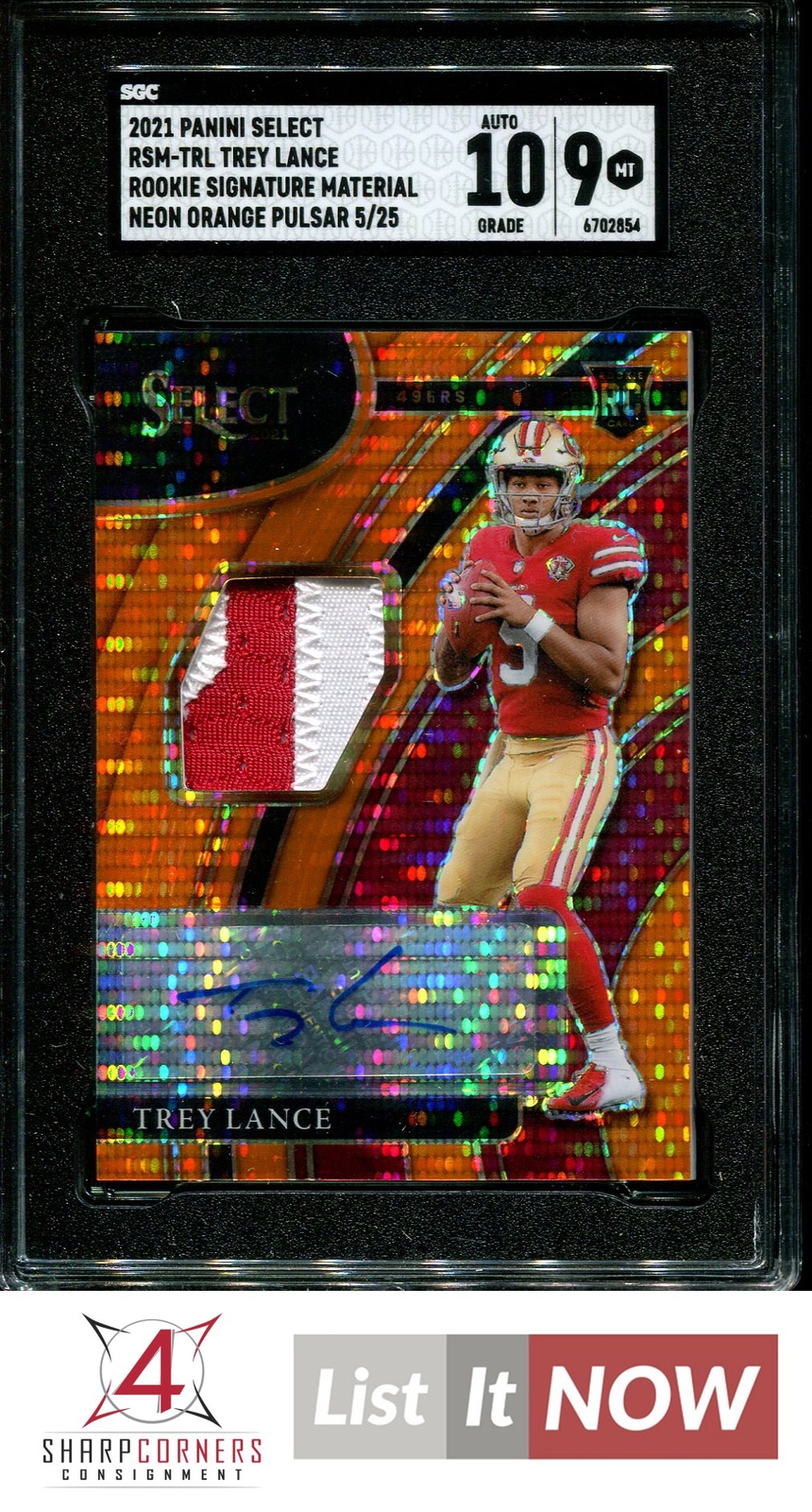 Trey Lance Panini Select Rookie Signature Memorabilia #RSMTRL Neon Orange Pulsar Prizm