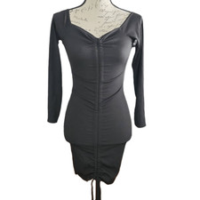 Pretty Little Thing Women's Size 10 Black Ribbed Long Sleeve Ruched Bodycon Dres
