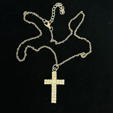 Silver Tone Metal w/ White Rhinestones Christian Cross 18" Ladies Necklace • VG‼