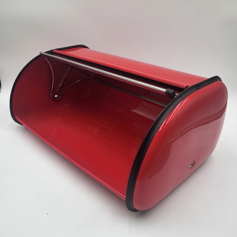 Roll Top Red Metal Bread Box Stainless Door Black Trim Kitchen Storage
