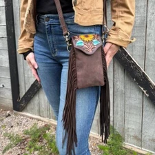 Western Sunflower Leather Crossbody Phone Bag - Fringe Belt Pouch Wristlet