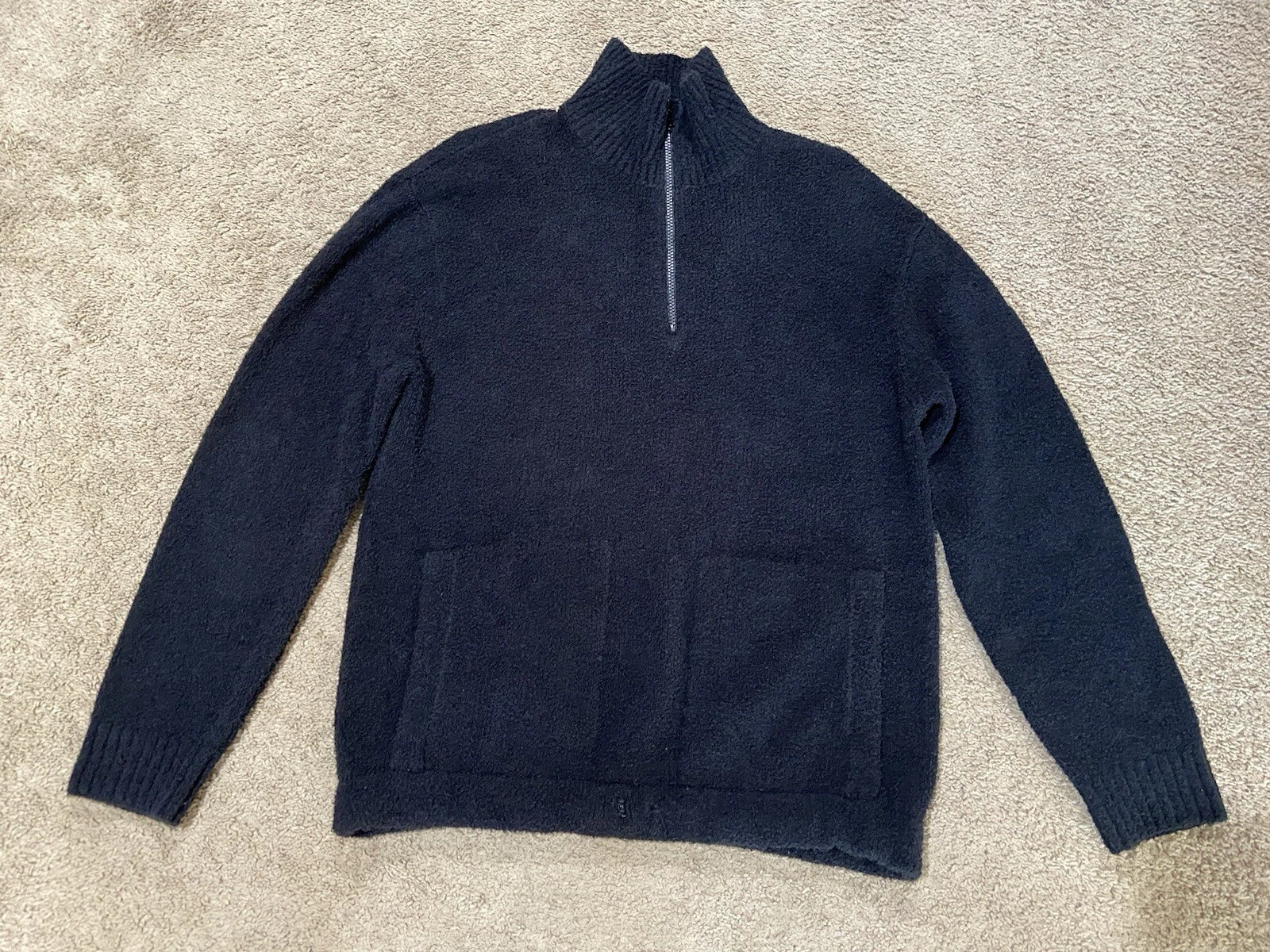 VINCE Mens Italian Yarn Terry Black 1/4 Zip Mock Sweater Size M Elastic Waist