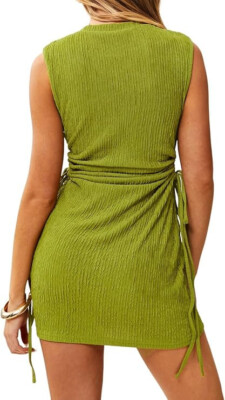 Cut Out Drawstring Mini Dress Ruched Sleeveless Textured Tank Dresses Green  (M) | eBay