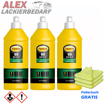 3x Farecla G3 EXTRA 500g Schleifpaste Politur G3E501 + Poliertuch gelb