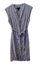 Tahari Sleeveless V-Neck Button Down Tie Waist Midi Dress Side Slits Sz 8