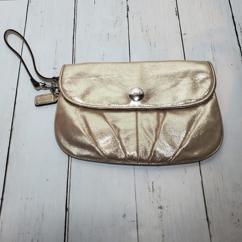 COACH Leather Large Flap Wristlet Clutch F45263 Gold Shimmer Nice! CLEAN