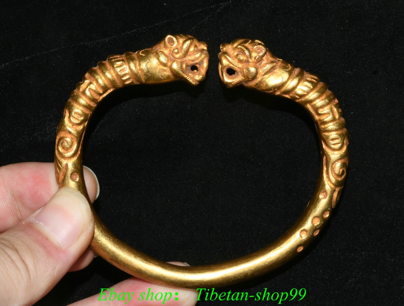 3.1''Old Dynasty Bronze Gilt Tiger Beast Head Jewelry Bracelet Bangle Wristband