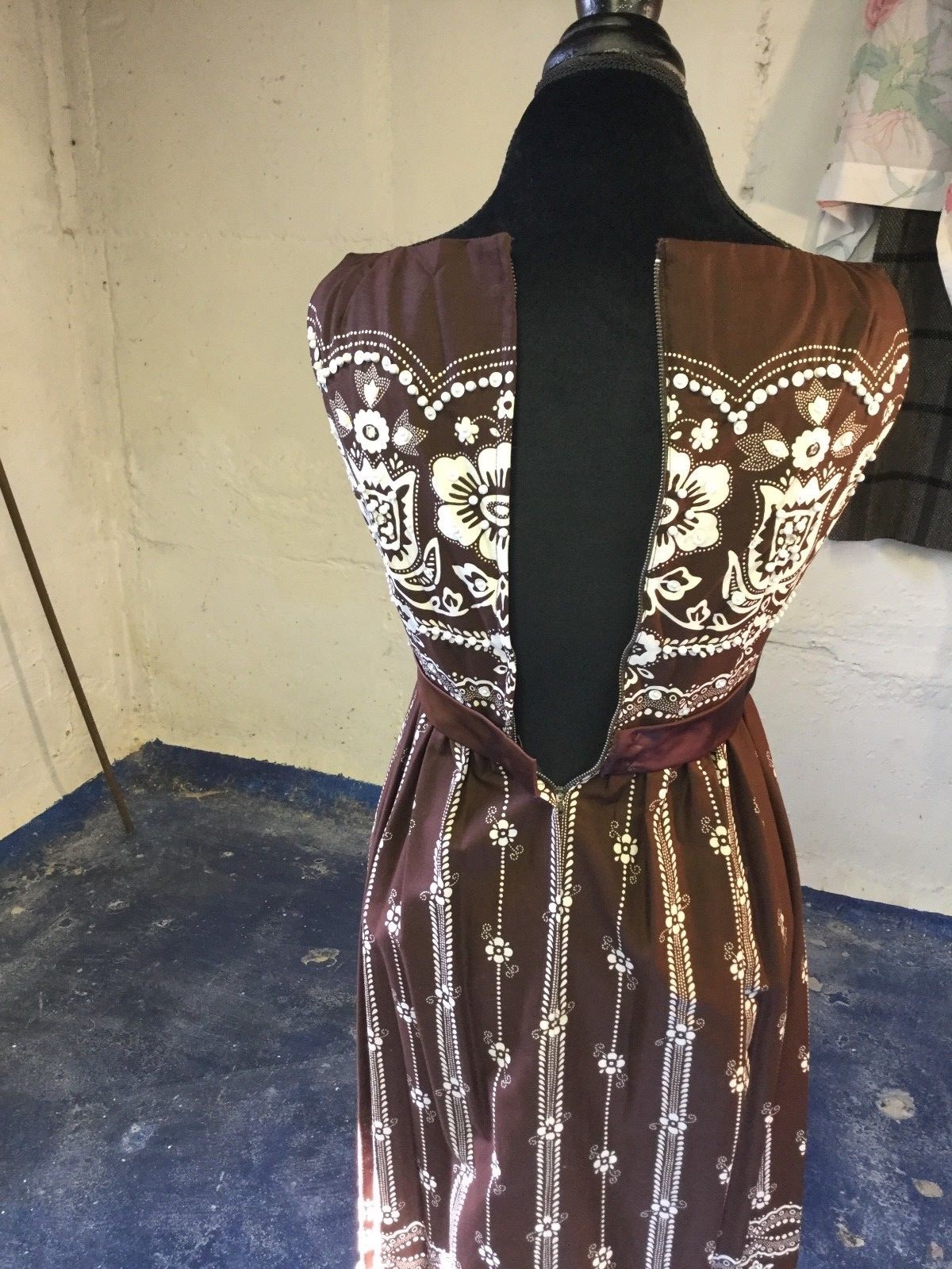 Vintage Magnificent Brown MIDI Dress with Pearls and Embellishments S