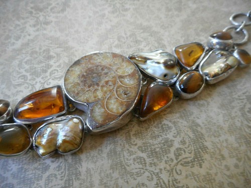 Dramatic Sterling Anemone Fossil Amber Shell Tiger's Eye Bracelet RE99C2R - Picture 4 of 12