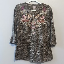 Chico's Leopard Print Embroidered V Neck Pop Over Top Blouse Size 0 Small NWT