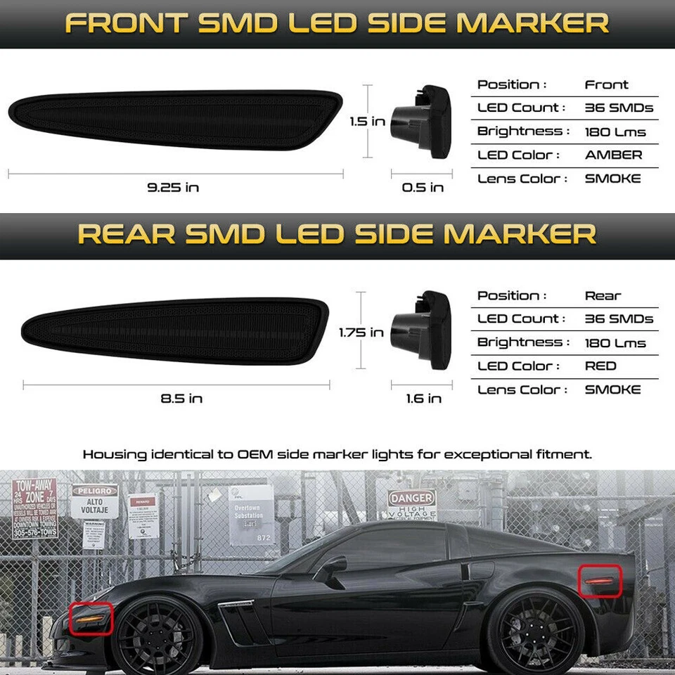 LED Smoked Front & Rear Side Marker Signal Lights For 2005-13 Chevy Corvette C6 - Image 4 of 4