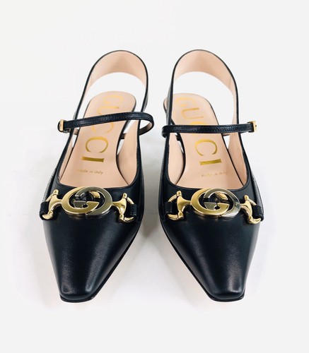 Gucci Zumi Malaga Leather GG Interlocking Logo Kitten Heel Slingback Pumps 35.5 - Picture 10 of 11