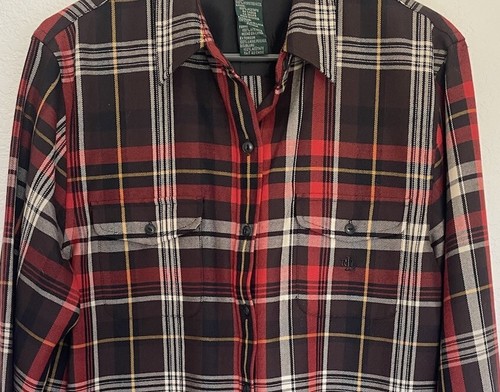 Lauren Ralph Lauren LRL Worsted Wool Button Front Shirt Red Brown Yellow Plaid L - Picture 5 of 7