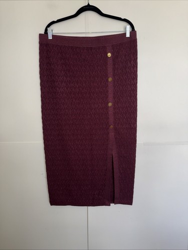 Michael Kors Knit Pencil Skirt Metallic MK Logo Front Slit Red Wine XL NWT - Picture 2 of 13