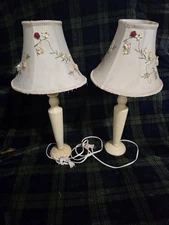 Set Of 2 Wood Vintage Table Lamps W/ Beautiful Floral Embroidery On Shades- Work