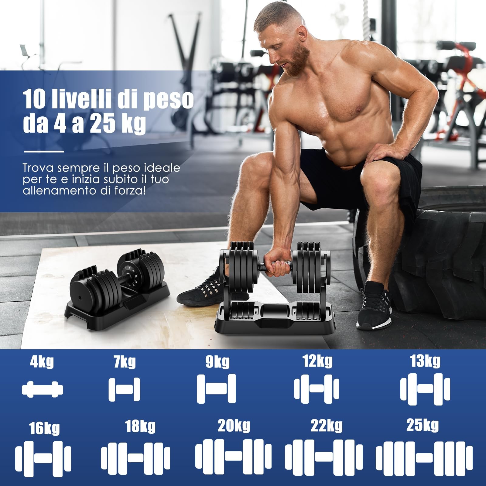 DH FitLife 12kg/25kg Manubri Regolabili 2,5-12kg/4-25kg 10 Pesi in 1 Cambio Peso foto 3