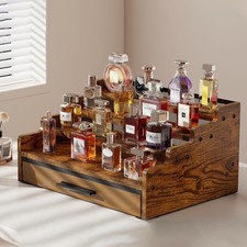 Men's 4 Tier Cologne Organizer Wooden Perfume Display Shelf with Drawer Storage