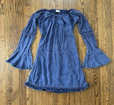 Cotton Natural Blue Gauze Boho Mini Dress L Bell Sleeve Fringe Crochet Inset Tun