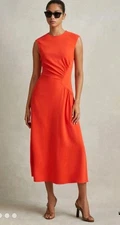 REISS STACEY RUCHED MIDI DRESS Orange Size 8 NWT
