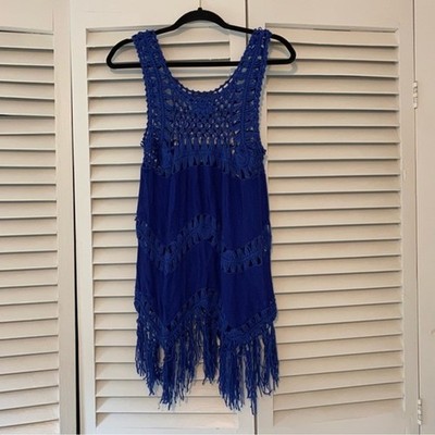 Crochet Royal Blue Fringe Tank Top Tunic Beach Coverup