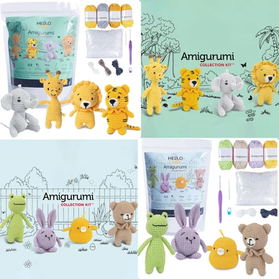 Red Heart Amigurumi Crochet Kit Bundle Safari + Backyard Pouch Pals Set of 8