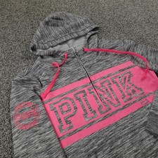 Pink Victoria Secret Hoodie Womens M Gray Full Zip Sweatshirt Jacket Logo Y2K