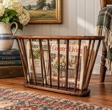 Vintage MCM Wood Spindle Magazine Rack Newspaper Rack 1960s Mid Century Oval