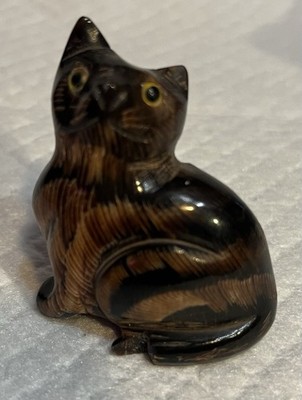 Vintage Hand Carved Water Buffalo Horn Tabby Cat Small Thailand 3''