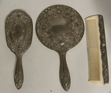 Vintage Vanity Set Silver Plate Hand Mirror Brush Comb 3 Piece Ornate