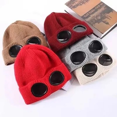 1pc Knitted Hat With Goggles Windproof Warm Ski Beanie Unisex Winter Cap