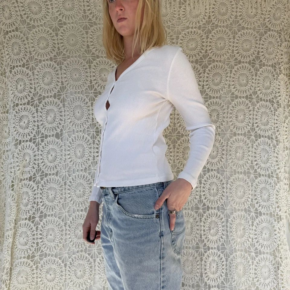 Top Route 66 Blanco Acanalado Botón Delantero Manga Larga Talla Pequeña 100% Algodón Foto 4 de 4